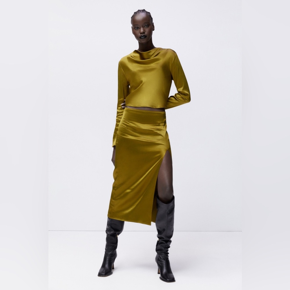 Zara Satin Effect Skirt in Olive